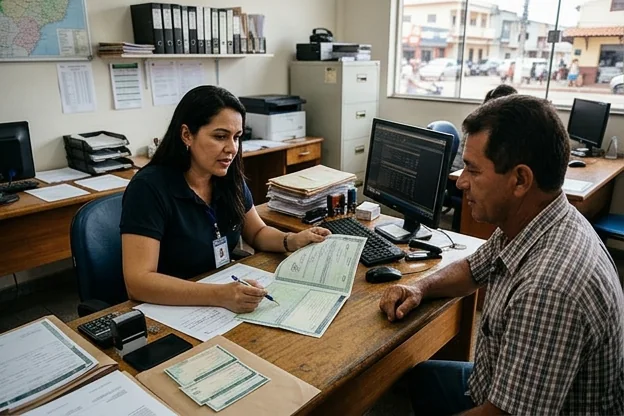 Despachante assistindo cliente no processo de transferência de veículo.