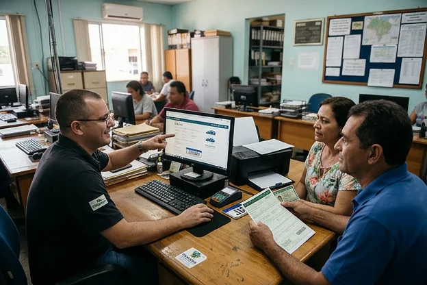 Despachante orientando cliente sobre emissão de CRLV-e.